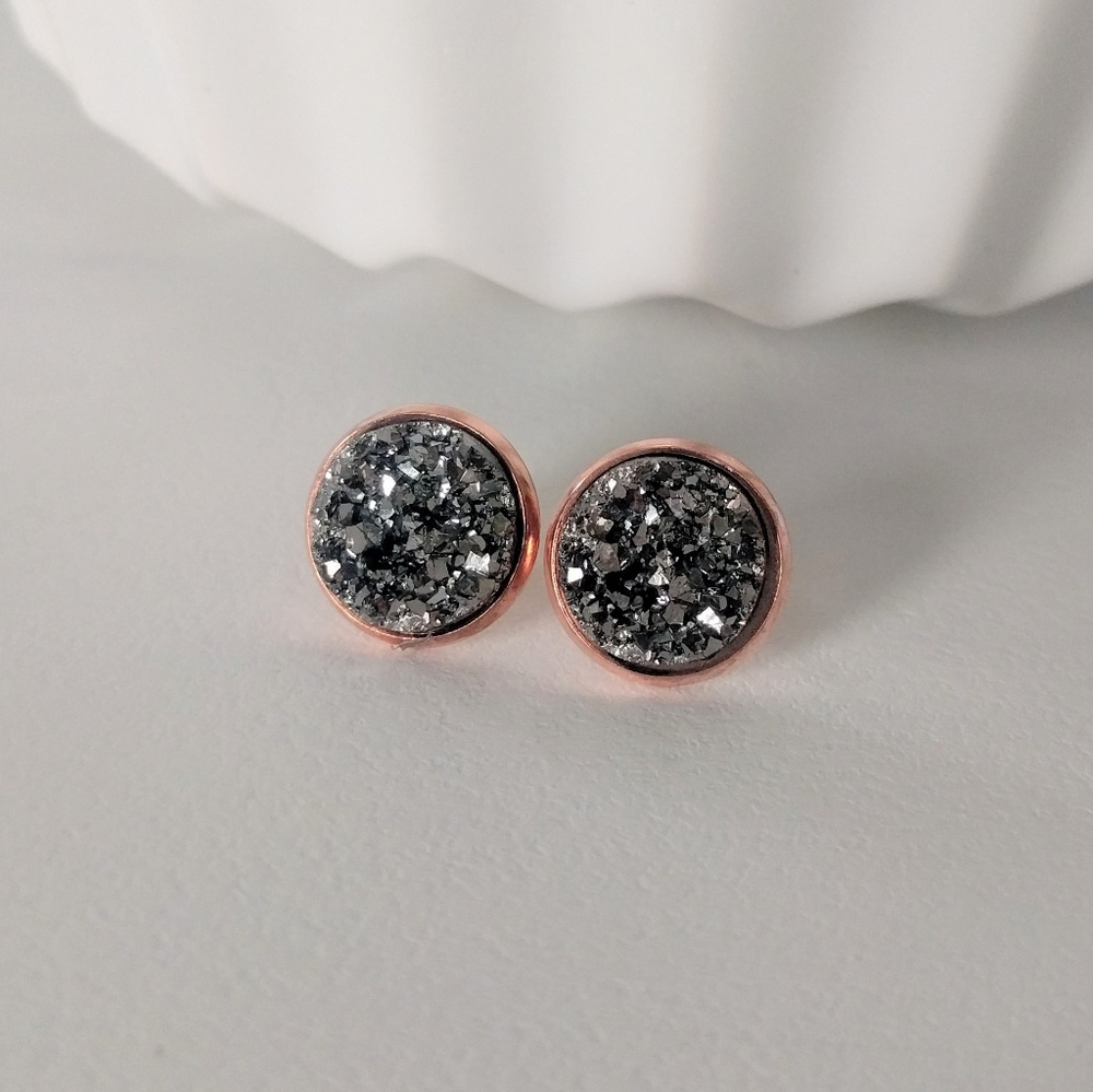 Druzy Stud Earrings - Gunmetal Rose Gold Studs